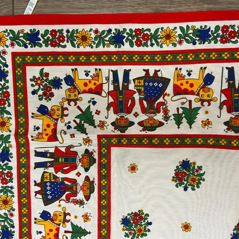 NWOT Vintage Tablecloth Austrian German Folk Art Green Red Square Bright Festive